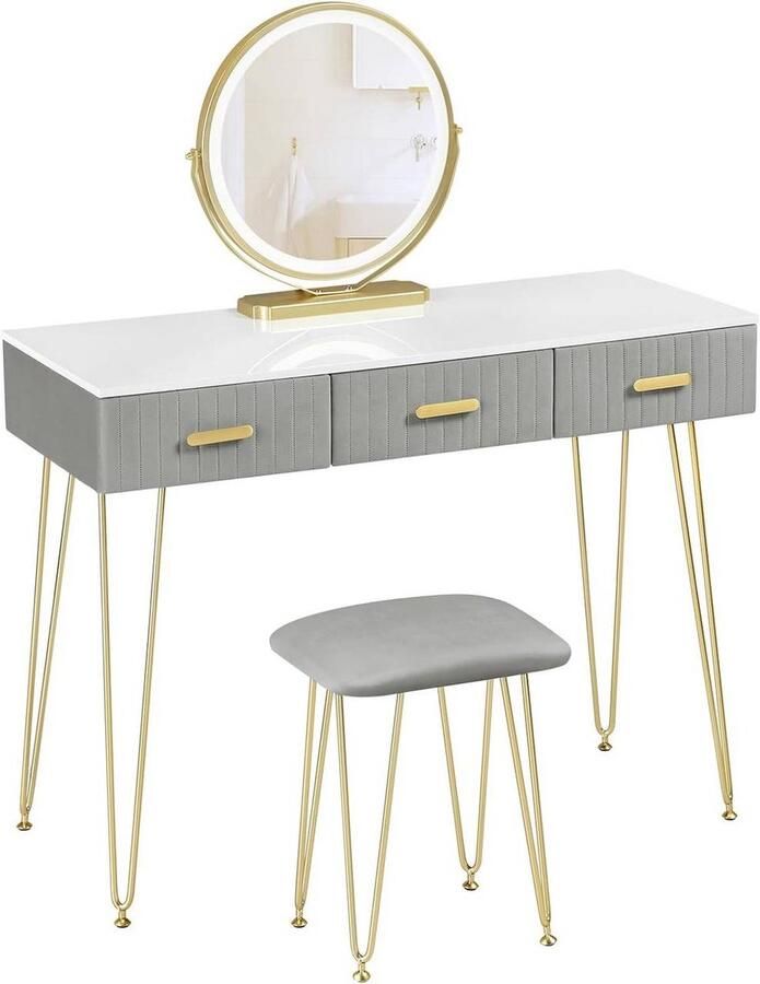 Warraich -Elegante kaptafel met LED-verlichting fluwelen kruk en 3 lades – wit goud en grijs design