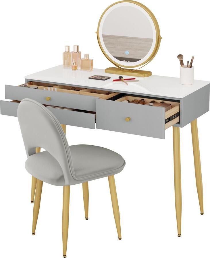 Warraich Elegante make-uptafel met dimbare spiegelverlichting 3 lades en zachte fluwelen kruk – Grijs + Goud