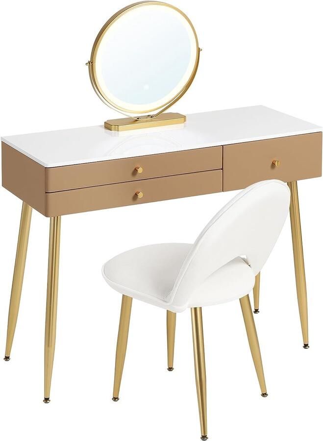 Warraich -Elegante make-uptafel met dimbare spiegelverlichting fluwelen krukje en 3 lades – Kaki + Goud design