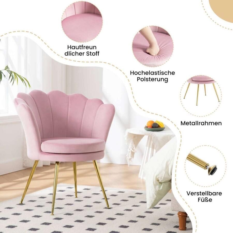 Warraich -Fauteuil: Bloemvormige Relaxstoel met Roze Fluwelen Bekleding en Gouden Metalen Poten