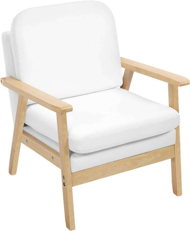 Warraich -Fauteuil: Enkele Loungestoel van Linnen met Massief Houten Frame in Crèmewit