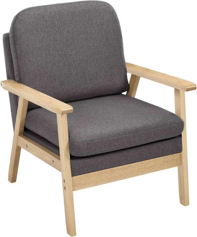 Warraich -Fauteuil: Enkele Loungestoel van Linnen met Massief Houten Frame in Donkergrijs