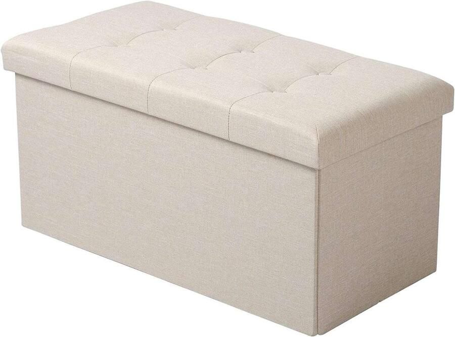 Warraich -Gestoffeerde Opbergkruk met Zitting en Linnen Opbergruimte 76x37 5x38 cm Crèmewit