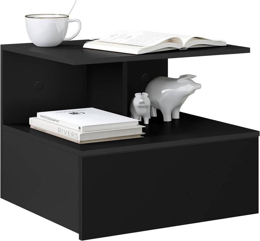 Warraich -Hangend nachtkastje van hout met lade en open vak – zwart