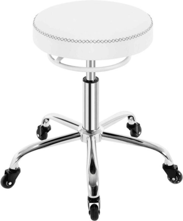 Warraich -In hoogte verstelbare rolkruk bureaukruk 360° draaibaar rond kunstleer wit