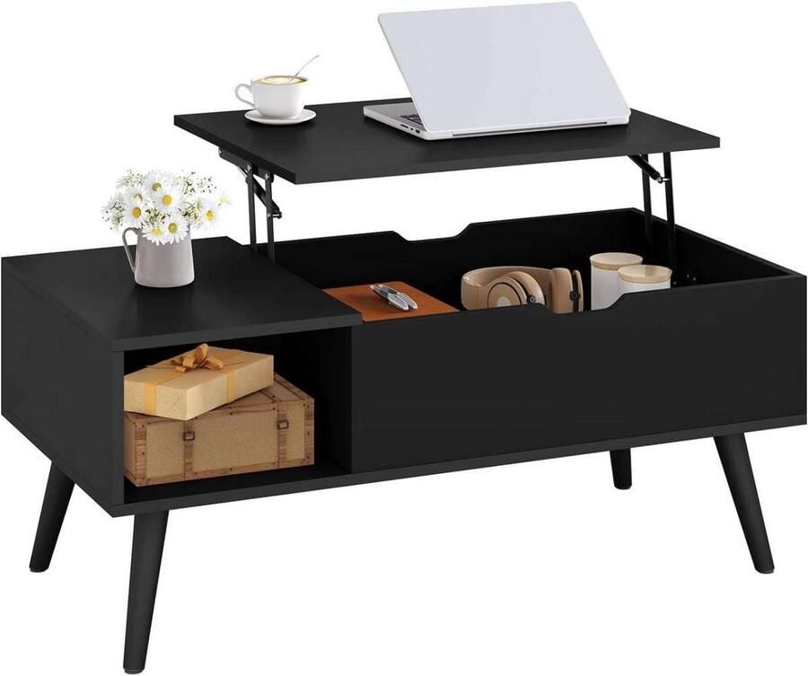 Warraich -In hoogte verstelbare salontafel en bijzettafel met opbergruimte afmetingen 100 x (43-57) x 50 cm uitgevoerd in zwart