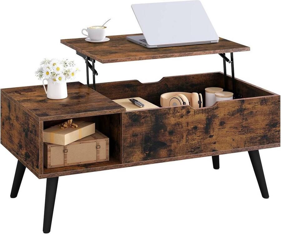 Warraich -In hoogte verstelbare salontafel en bijzettafel met opbergruimte afmetingen 100 x (43-57) x 50 cm uitgevoerd in rustiek bruin