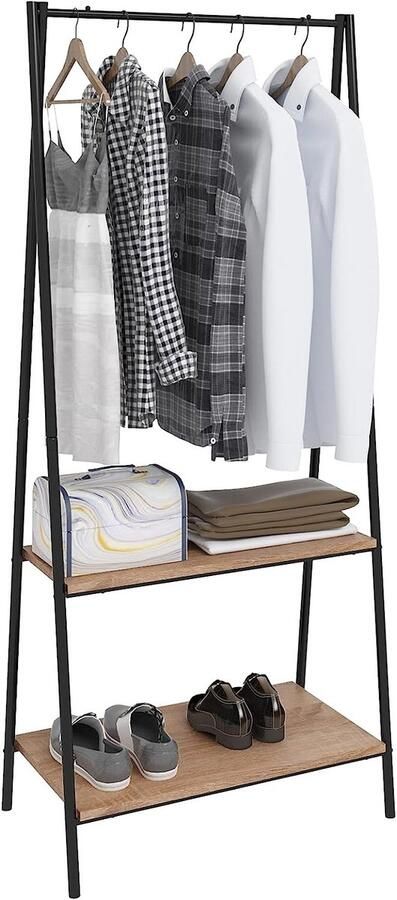 Suredeal Kapstok met 2 Planken Kledingrek -Schoenenrek MDF -Staal 151x60x40 cm Zwart Light Oak Robuust -Ruim