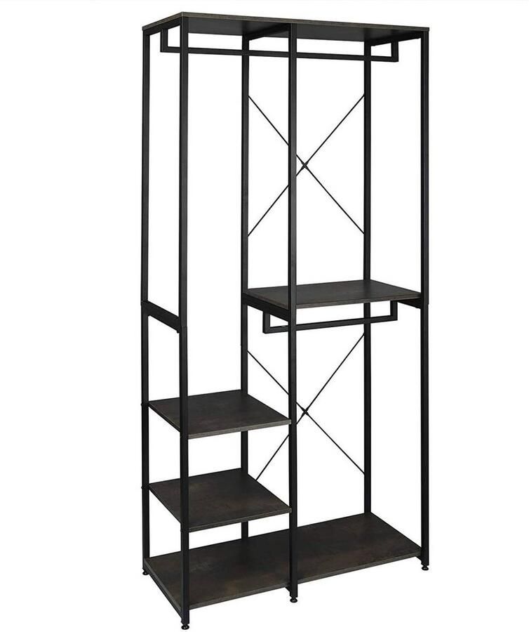 Suredeal Kapstok Kledingrek met Planken 2 Kledingstangen -4 Opbergplanken MDF -Stalen Frame 90x204 -5x40 cm Zwart + Roestkleur Industrieel -Robuust