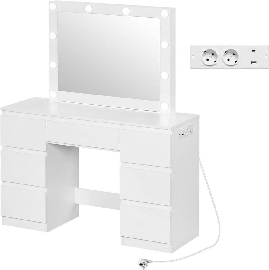 Warraich -Kaptafel met LED-verlichting stroomaansluiting spiegel en 7 ruime lades – wit design