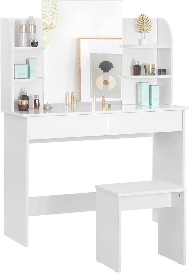 Warraich -Kaptafel met spiegel en kruk – wit 108x40x142 cm stijlvolle make-uptafel