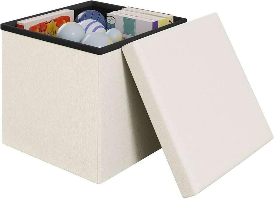 Warraich -Klihome Opbergkruk Crème – Linnen Zitkubus met Afneembaar Deksel 38x38x38cm