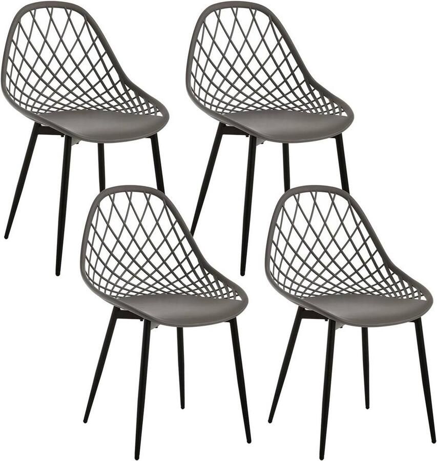 Warraich Klihome Set van 4 Eetkamerstoelen – Grijs Met Holle Rugleuning en Metalen Poten