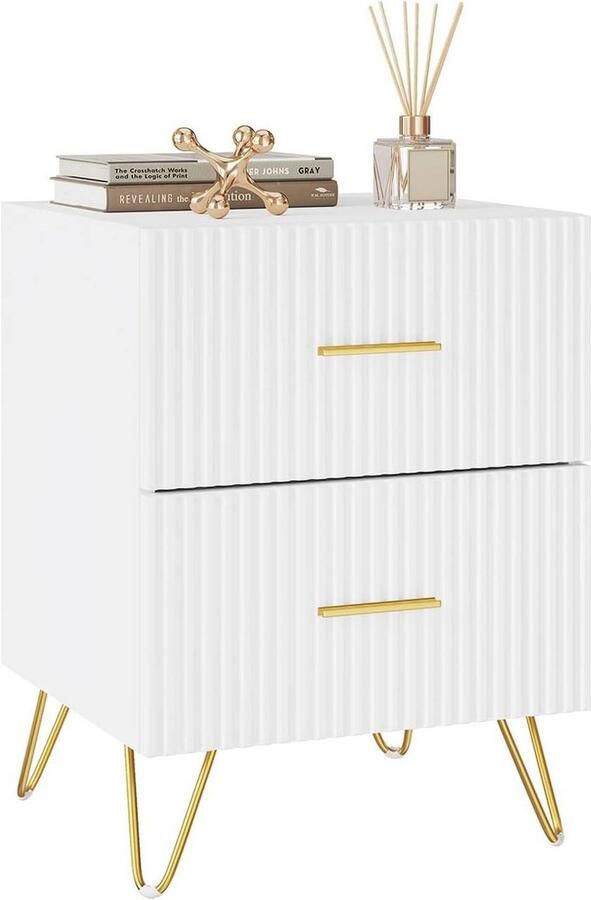 Warraich -Modern nachtkastje met 2 lades en verticale lijnen – wit met goudkleurige accenten