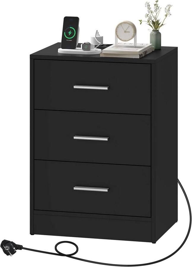 Warraich -Modern nachtkastje met 3 lades oplaadfunctie en contactdoos – zwart design