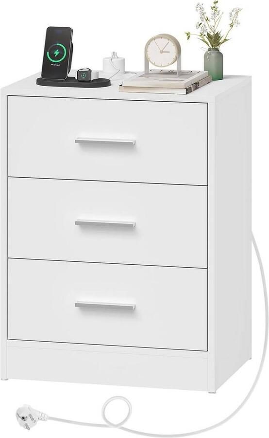 Warraich -Modern nachtkastje met oplaadfunctie contactdoos en 3 lades – praktische bijzettafel