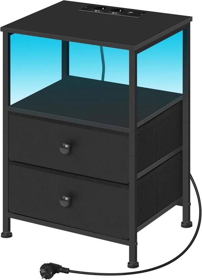Warraich -Modern zwart nachtkastje van MDF – met LED-verlichting oplaadfunctie en contactdozen