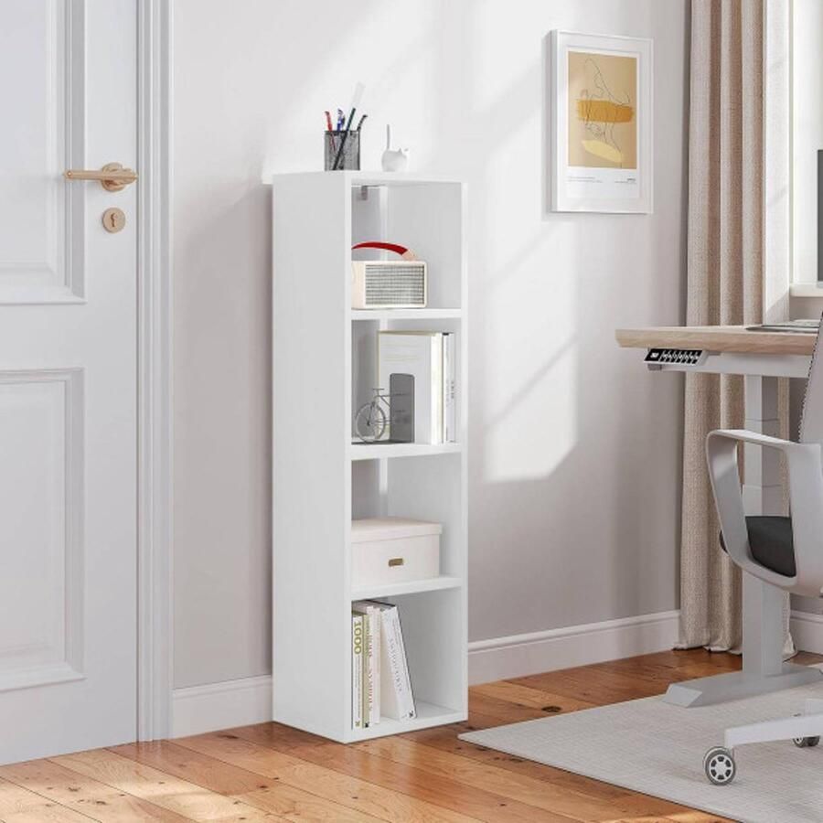 Warraich -ontwikkelaar van compacte boekenkasten met geïntegreerde stoffen lade en kubusopslag-Wit