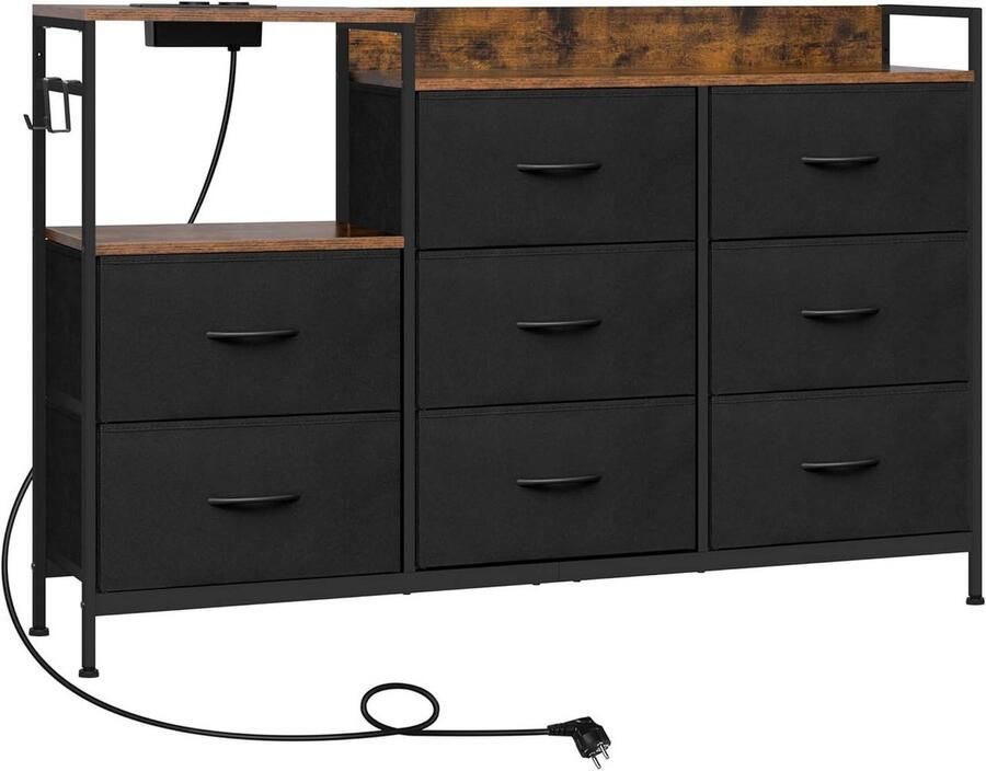 Warraich -ontwikkelaar van functionele ladekasten met acht lades geïntegreerde stopcontacten en stevig metalen frame-Zwart