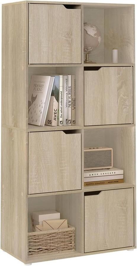 Suredeal Boekenkast met 8 Compartimenten -4 Deurtjes Kubusplank 60x120x30 cm Licht Eiken Scandinavisch Design -Praktisch