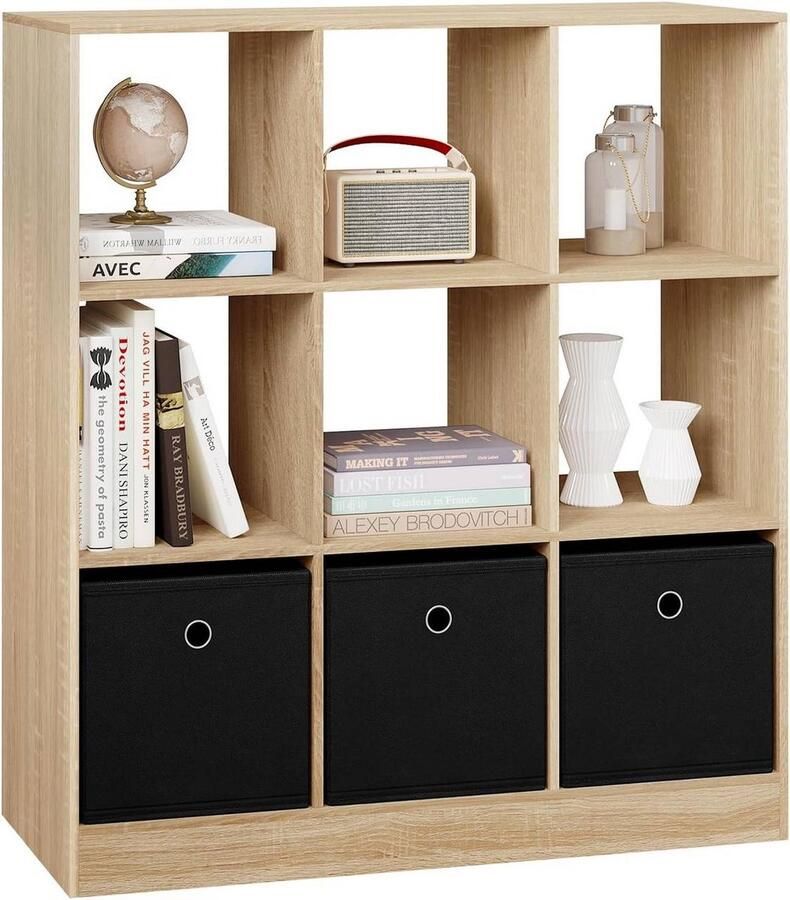 Suredeal Boekenkast 9 Vakken 3 Stoffen Lades 80x30x86 -5 cm Hout -Non-woven Licht Eiken Staand Modern