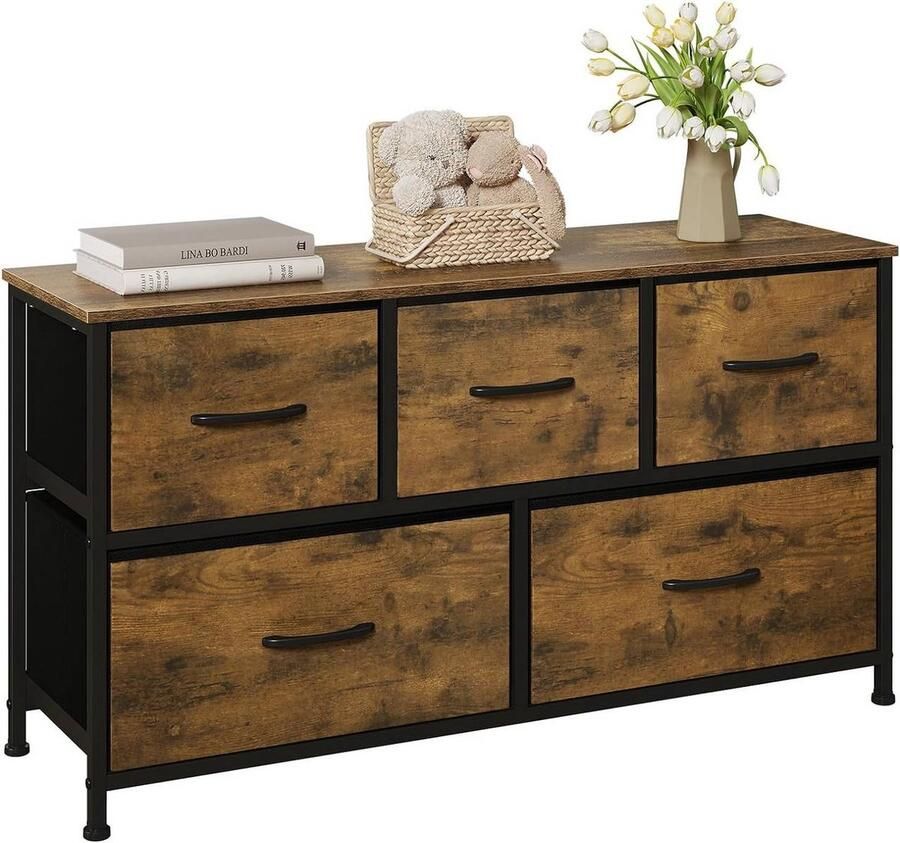 Warraich -ontwikkelaar van ladekasten met vijf lades en vintage houtlook op metalen frame-brown