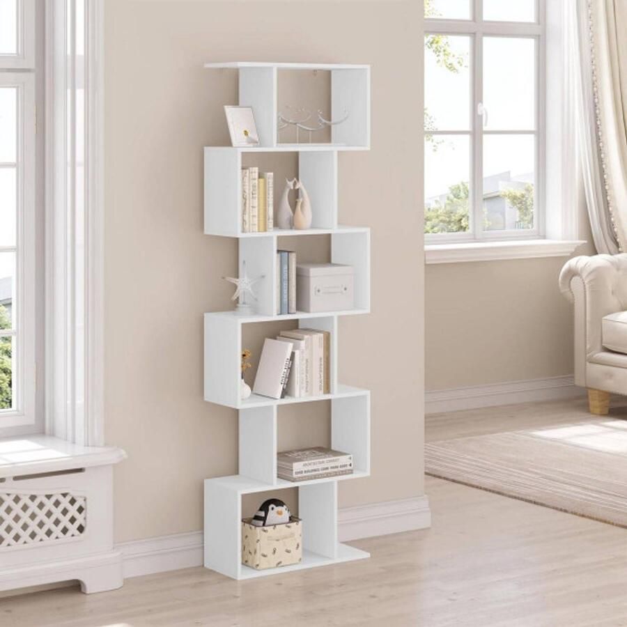 Warraich -ontwikkelaar van moderne S-vormige boekenkasten met zes niveaus en staand ontwerp-Wit