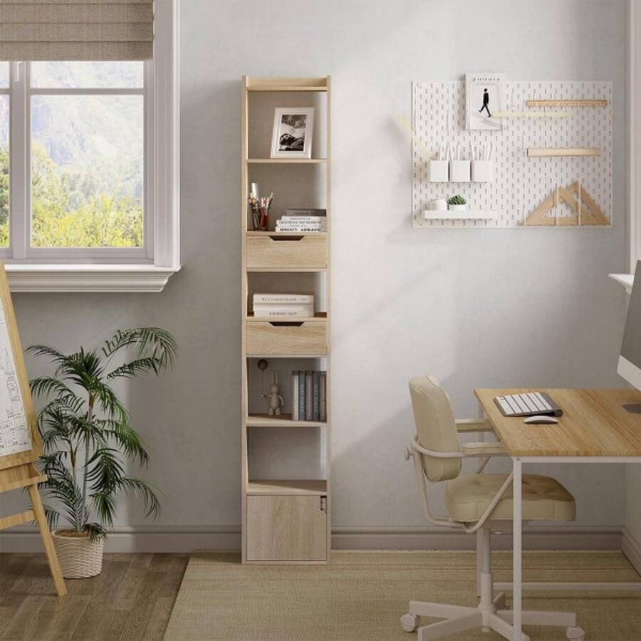 Warraich -ontwikkelaar van multifunctionele boekenkasten met zes planken laden en deur in houtmateriaal-Licht eiken