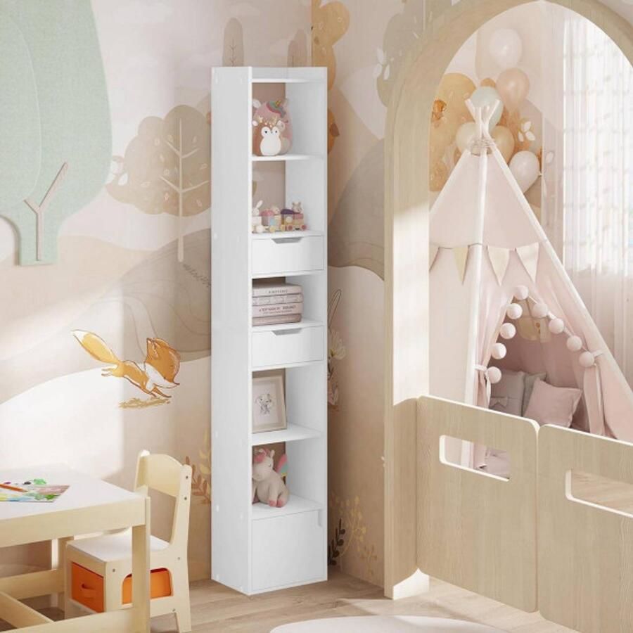 Warraich -ontwikkelaar van multifunctionele boekenkasten met zes planken laden en deur in houtmateriaal-Wit