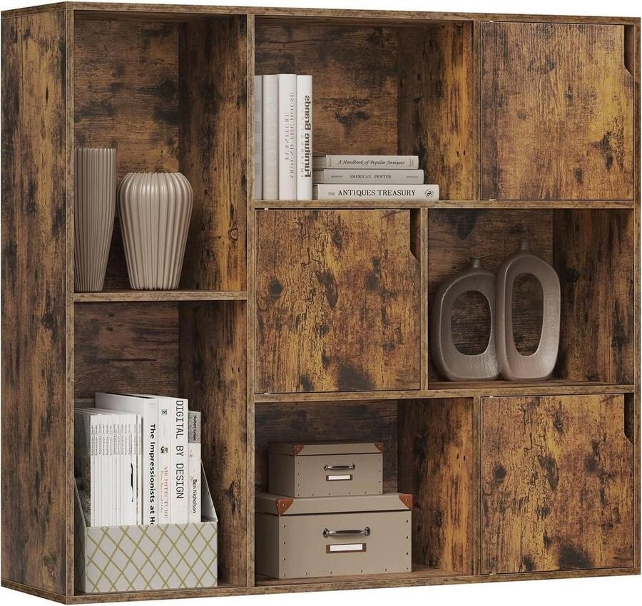 Suredeal Boekenkast met 8 Compartimenten -3 Deurtjes Opbergplank 106x96x30 cm Rustiek bruin Robuust -Veelzijdig