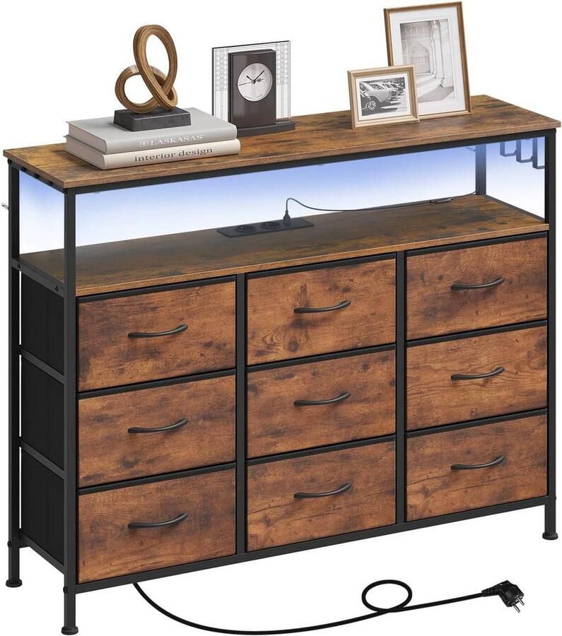 Suredeal Ladekast met 9 stoffen lades LED-verlichting -geïntegreerde stroomvoorziening Metaalframe Rustiek Bruin