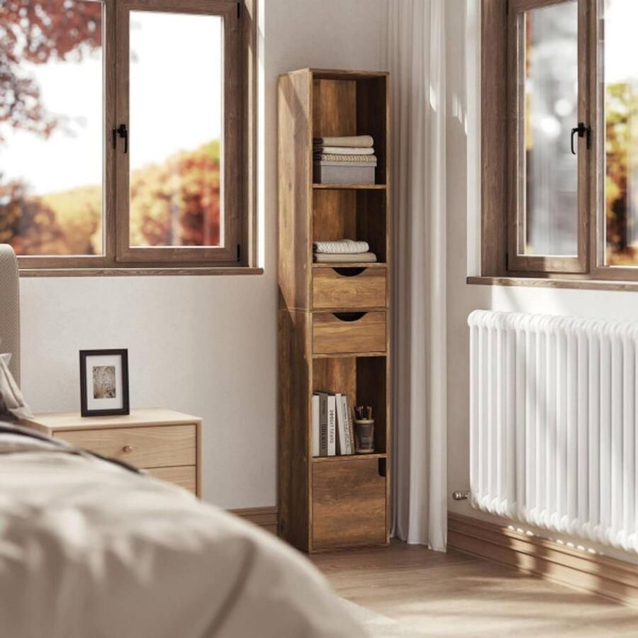 Warraich -ontwikkelaar van smalle staande boekenkasten met geïntegreerde laden en deur in compact ontwerp-Bruin Houtlook