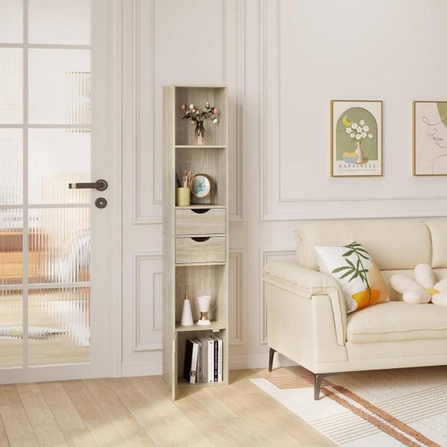 Warraich -ontwikkelaar van smalle staande boekenkasten met geïntegreerde laden en deur in compact ontwerp-wit Licht eiken