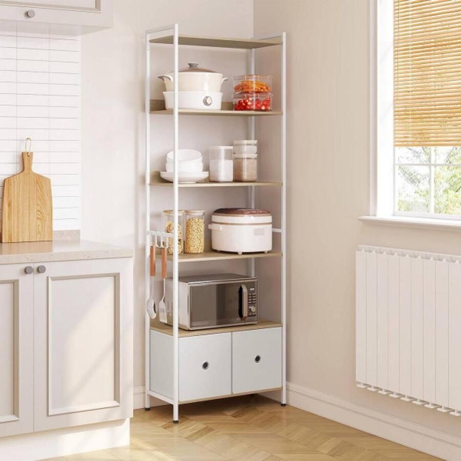 Warraich -ontwikkelaar van staande boekenkasten met vijf planken twee lades en een robuust metalen frame-Licht Eiken+Wit