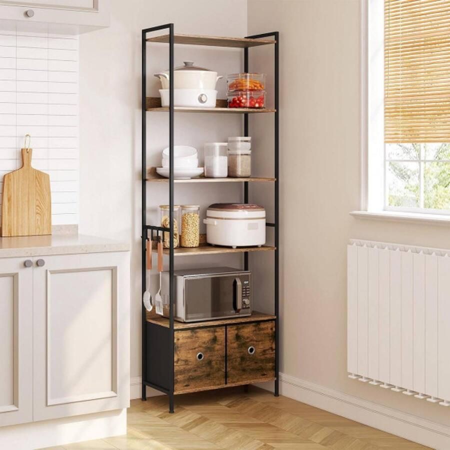 Warraich -ontwikkelaar van staande boekenkasten met vijf planken twee lades en een robuust metalen frame-Bruin