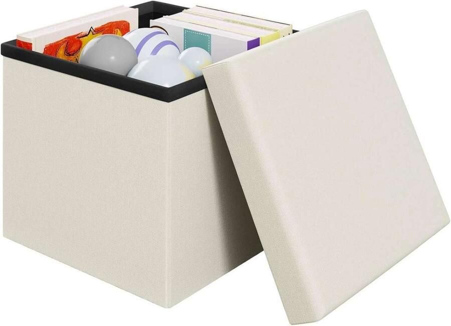 Warraich -Opbergkruk Crème – Compacte Linnen Zitkubus met Afneembaar Deksel 30x30x30cm