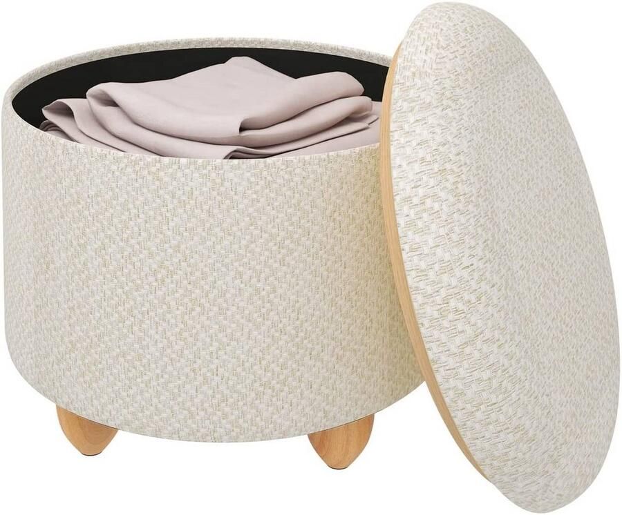 Warraich -Opbergkruk: Gevoerde Voetenbank met Massief Houten Poten en Linnen Bekleding Crèmewit