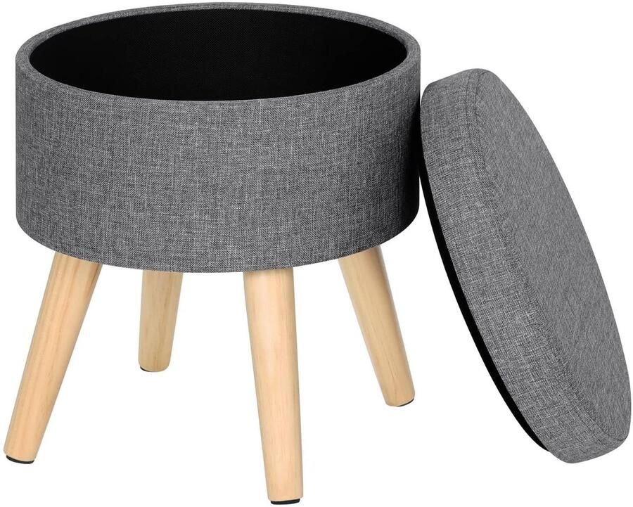 Warraich -Opbergkruk Linnen Voetenbank met Afneembaar Deksel en Massief Houten Poten Lichtgrijs