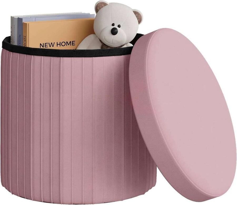 Warraich -Opbergpoef met Deksel: Gestoffeerde Fluwelen Voetenbank met Opbergruimte Opvouwbaar MDF Ø38xH36 cm (Roze)