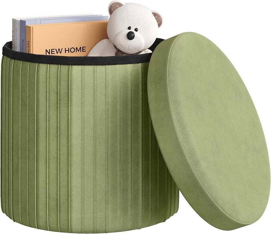 Warraich -Opbergpoef met Deksel: Gestoffeerde Fluwelen Voetenbank met Opbergruimte Opvouwbaar MDF Ø38xH36 cm (Groen)