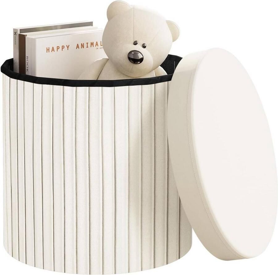 Warraich -Opbergpoef met Deksel: Luxe Fluwelen Voetenbank met Opbergruimte Opvouwbaar MDF Ø38xH36 cm (Crème)