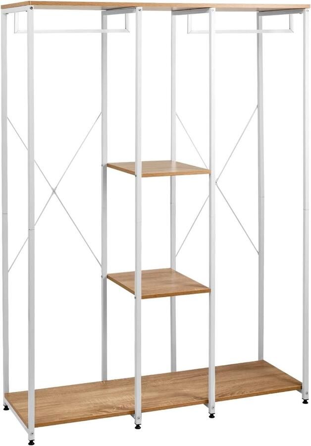 Warraich -Open Garderobekast Kledingrek Met Planken en Kledingroede Wit-Eiken Licht Metalen Frame