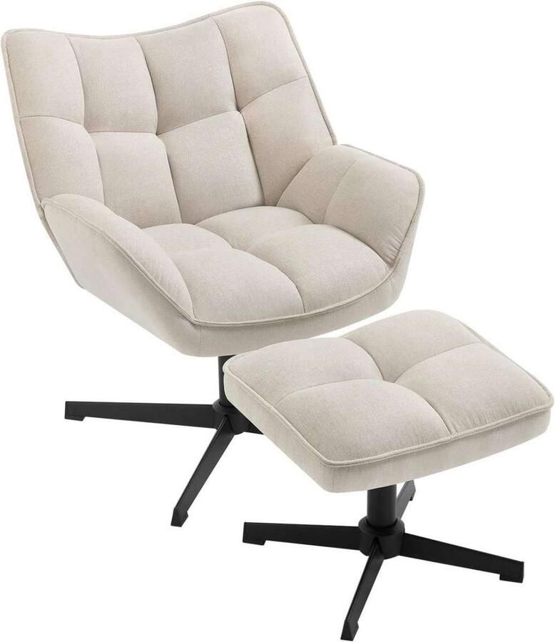 Warraich -Relaxfauteuil met Kruk: 360° Draaibare Beige Loungestoel van Linnen Comfortabel en Gestoffeerd