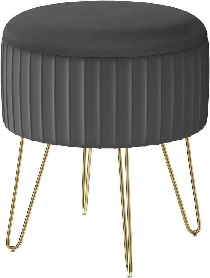 Warraich -Ronde Kruk met Opbergruimte Gestoffeerd Design en Metalen Poten φ31 5xH37 5 cm Donkergrijs