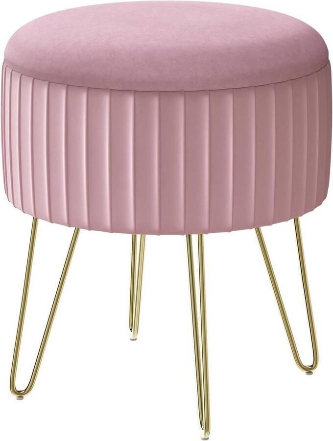 Warraich -Ronde Kruk met Opbergruimte Gestoffeerd Design en Metalen Poten φ31 5xH37 5 cm Roze