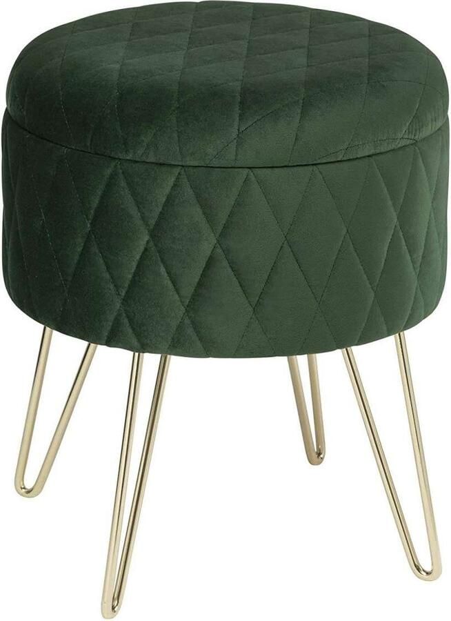 Warraich -Ronde Opbergpoef Donkergroen Metalen Poten – Stijlvol Voetenbankje met Praktische Opbergruimte