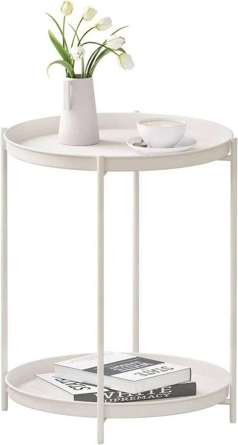 Warraich -Ronde salontafel en bijzettafel met opbergruimte inclusief 2 uitneembare dienbladen crème met metalen frame