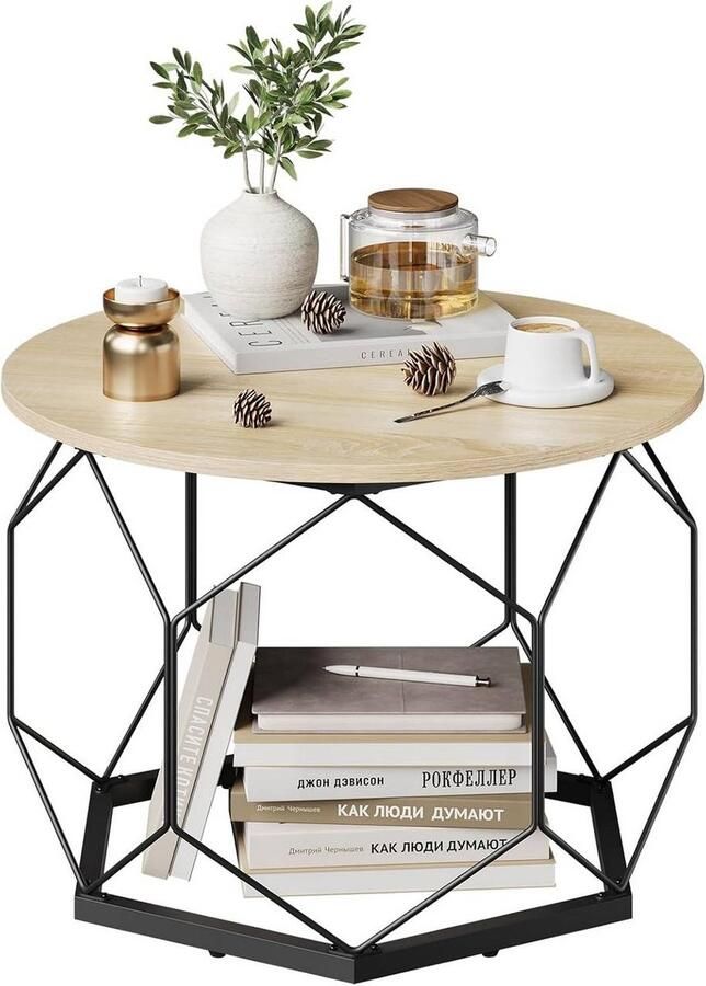 Warraich -Ronde salontafel en bijzettafel met opbergruimte vervaardigd uit metaal en MDF in licht eiken afwerking