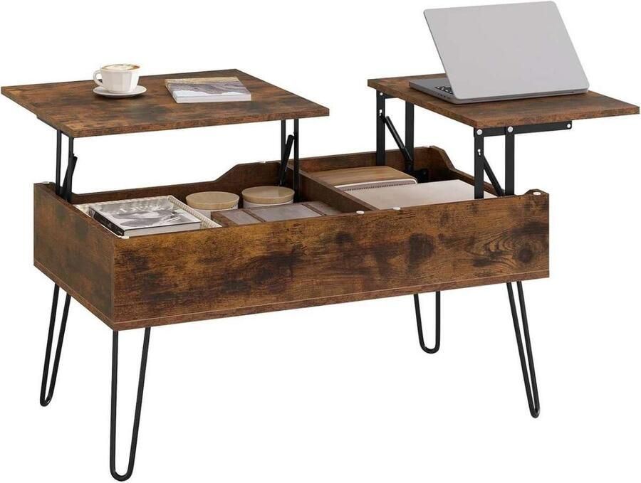 Warraich -Salontafel met bovenblad en aparte opbergvakken uitgevoerd in een warme rustiek bruine afwerking