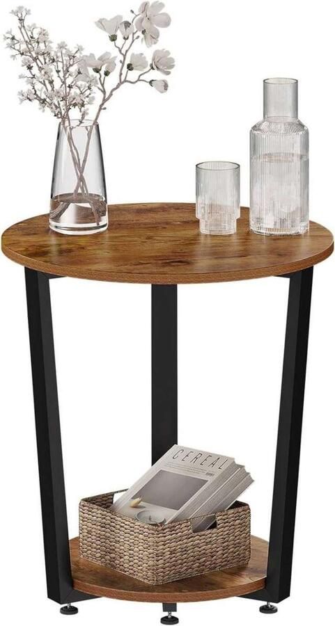 Warraich -Salontafel – Ronde Bijzettafel met Twee Planken Bewerkt Hout Vintage-Bruin